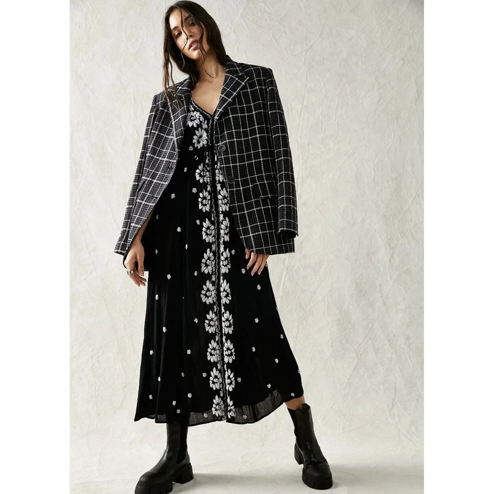 Free People Embroidered Fable Midi Dress Black White Floral Small